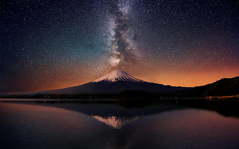 Amazing Mount Fuji, stars, Aurora, mount, nature, reflection, fuji, HD wallpaper