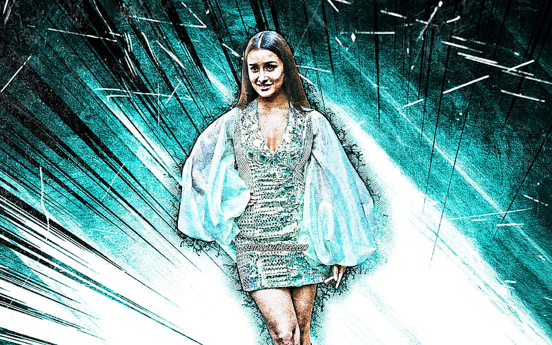 Shraddha Kapoor, grunge art, Bollywood, indian actress, beauty, blue abstract rays, creative, Shraddha Kapoor, HD wallpaper