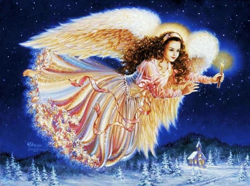 Christmas Angel, wings, snow, woman, winter, landscape, HD wallpaper