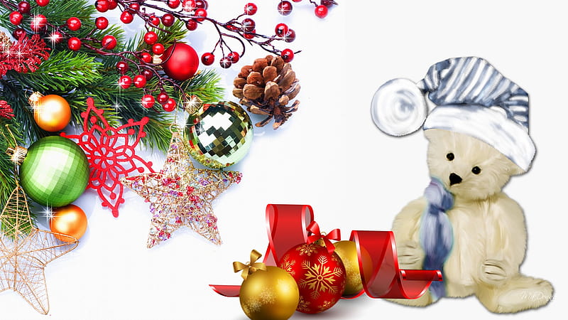 Teddy Bear Christmas, stars, ornaments, feliz navidad, christmas, fluffy, stuffed animal, teddy, ribbon, bear, firefox persona, pine cone, xmas, tree, plush, berries, softy, HD wallpaper