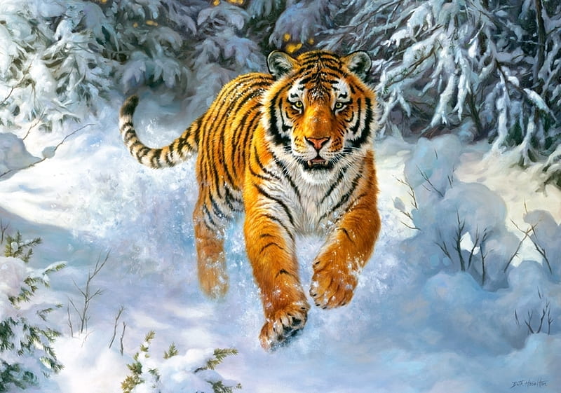 Siberian emperor, art, frumusete, painting, tigru, tiger, pictura, iarna, winter, snow, HD wallpaper