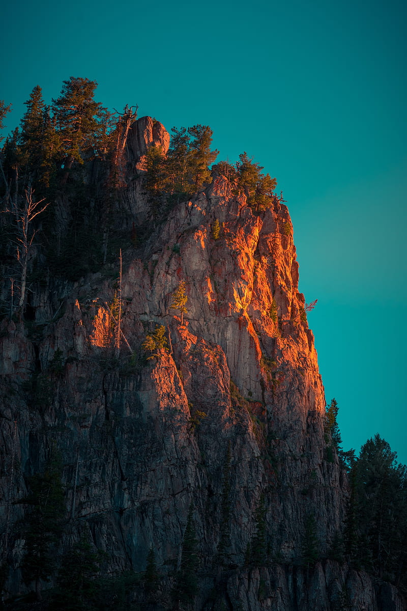 rock, mountains, peak, trees, sky, HD phone wallpaper