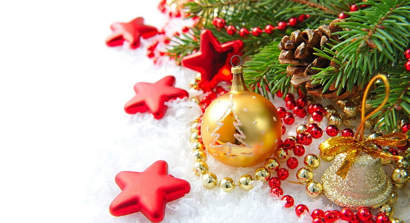 * Golden and red *, red, chain, christmas balls, christmas, holiday, golden, happy new yeah, bell, merry christmas, snow, star, HD wallpaper