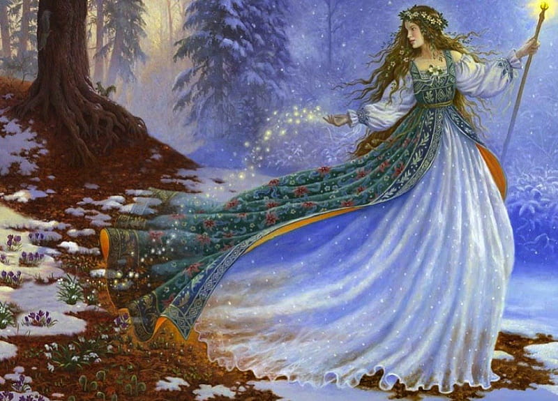 Preparation for spring, pretty, father frost, fine art, bonito, magic, cold, nice, fantasy, painting, beauty, tiara, mother nature, wood, blue, art, lovely, spring, jack frost, winter, snowing, ruth sanderson, magical, crown, white, HD wallpaper