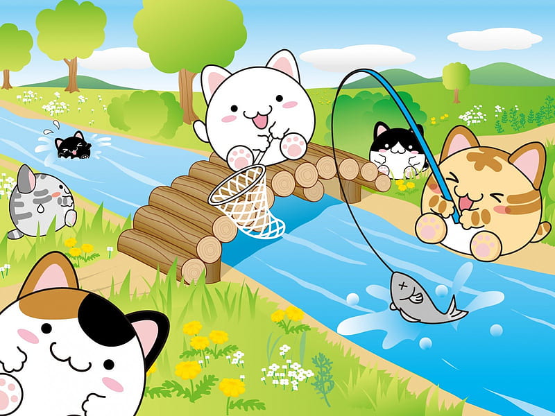 Maruneko Fishing, Cute, Chibi, Neko, Cat, Character, Fishing, Kawaii, Maruneko, HD wallpaper