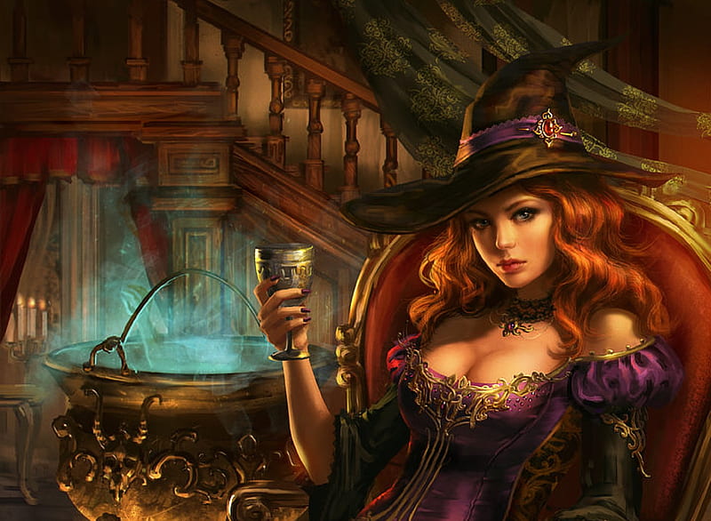 Witch, frumusete, luminos, redhead, halloween, pot, hat, fantasy, girl, anotherwanderer, HD wallpaper