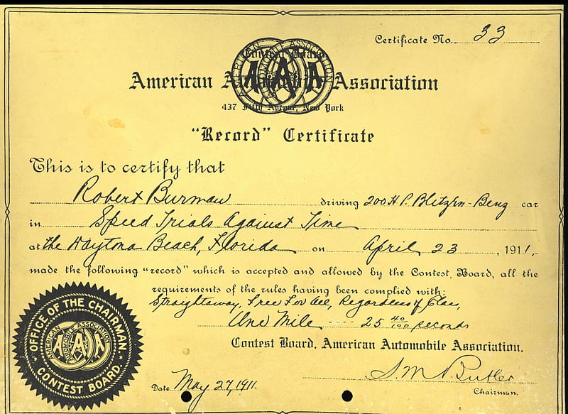 Blitzen-Benz 200-PS (1909) - Speed Record Certificate of the "American Automobile Association", car, HD wallpaper