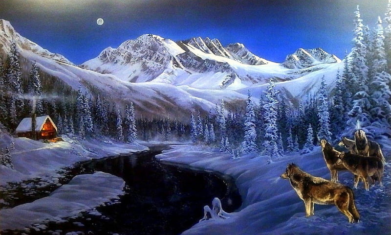☆Winter Wolves☆, bonito, paintings, winter lovely, cabins, animals, rivers,  white trees, HD wallpaper | Peakpx