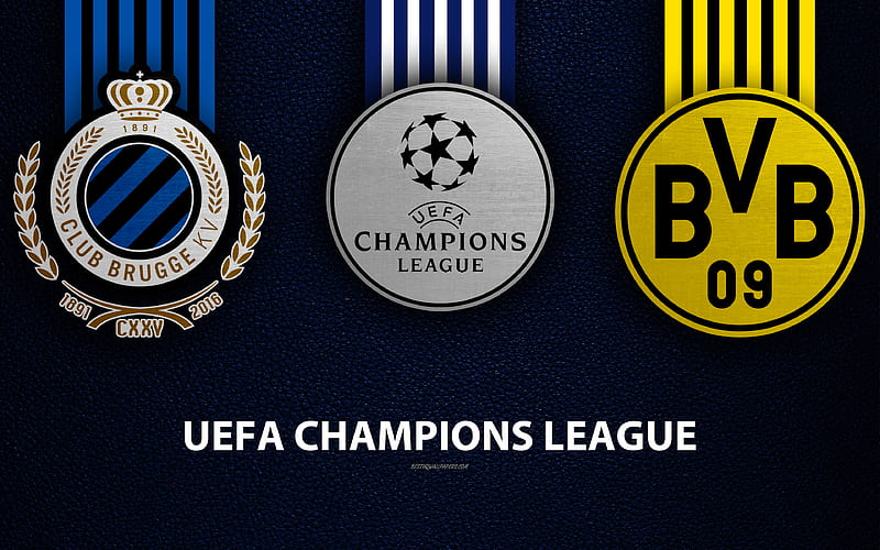Club Brugge KV vs Borussia Dortmund leather texture, logos, promo, UEFA Champions League, Group A, football game, football club logos, Europe, HD wallpaper