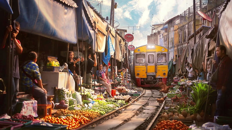 Train Painting, train, people, line, painting, shops, HD wallpaper