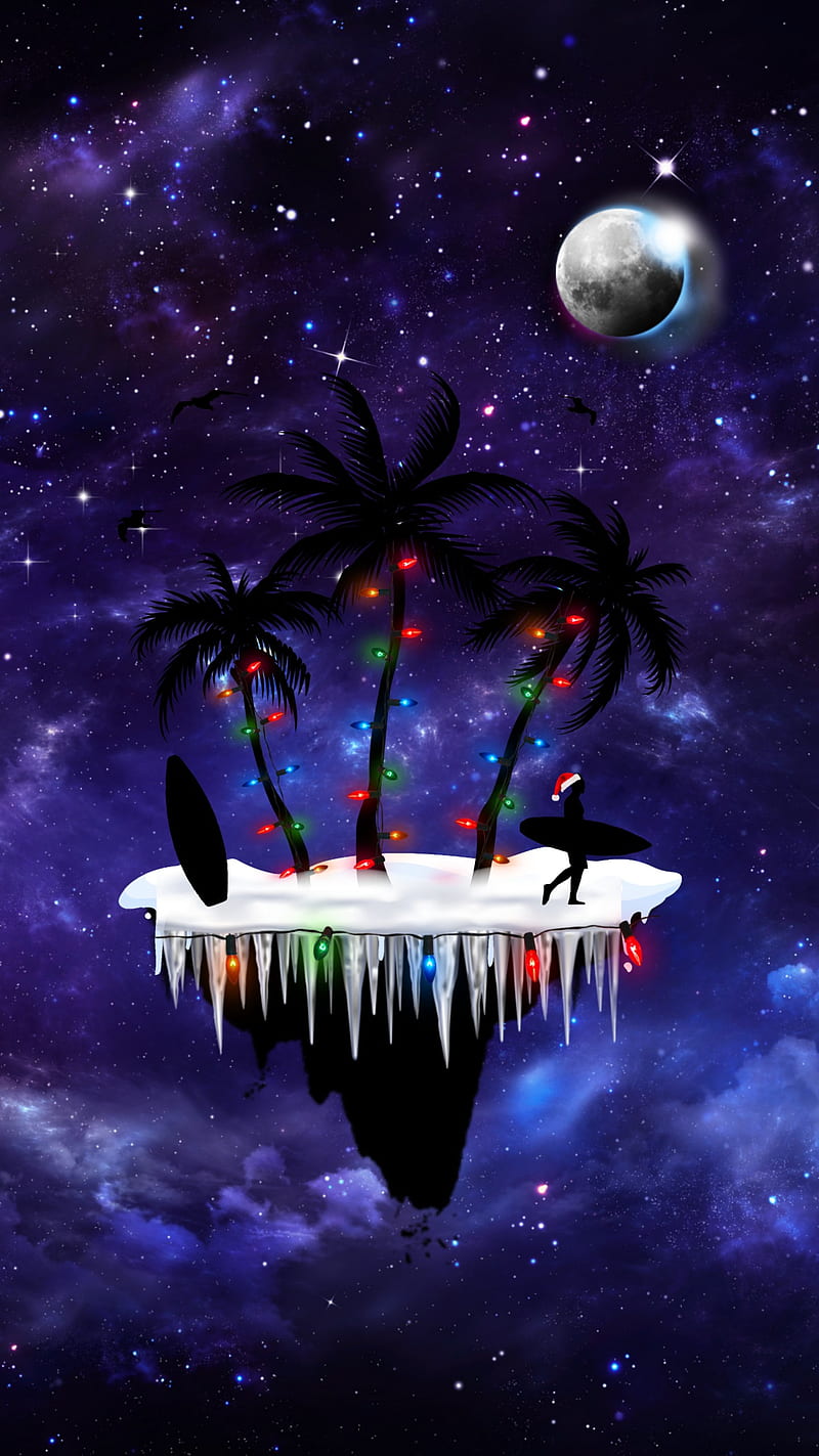 Frozen Island, christmas, ice, lights, moon, purple, snow, space, surfboard, surfer, HD phone wallpaper