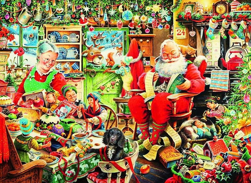 Santa's Final Preparations, painting, grandma, toys, dog, workshop, gifts, HD wallpaper