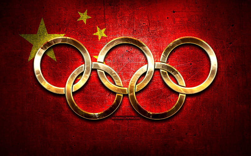 Chinese olympic team, golden olympic rings, China at the Olympics, creative, Chinese flag, metal background, China Olympic Team, flag of China, HD wallpaper
