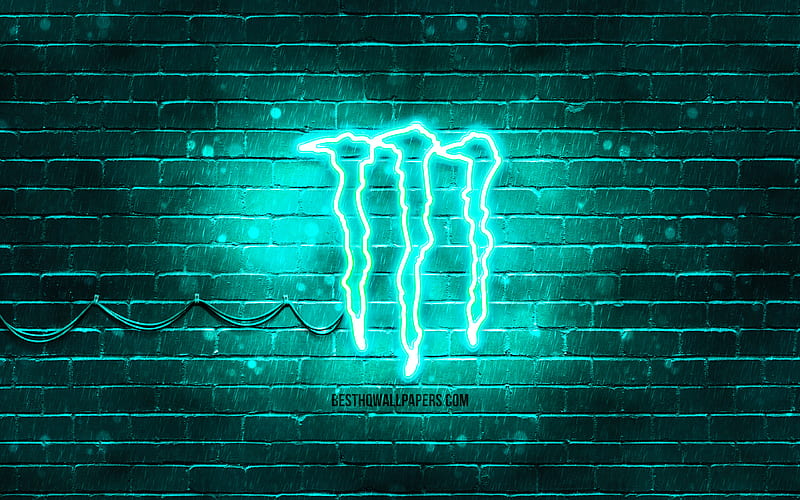 Monster Energy turquoise logo turquoise brickwall, Monster Energy logo, drinks brands, Monster Energy neon logo, Monster Energy, HD wallpaper