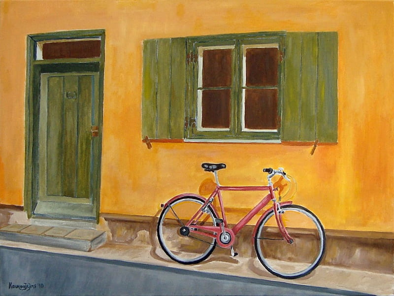 Red bicycle, red, art, painting, Facade house, bicycle, galore, HD wallpaper