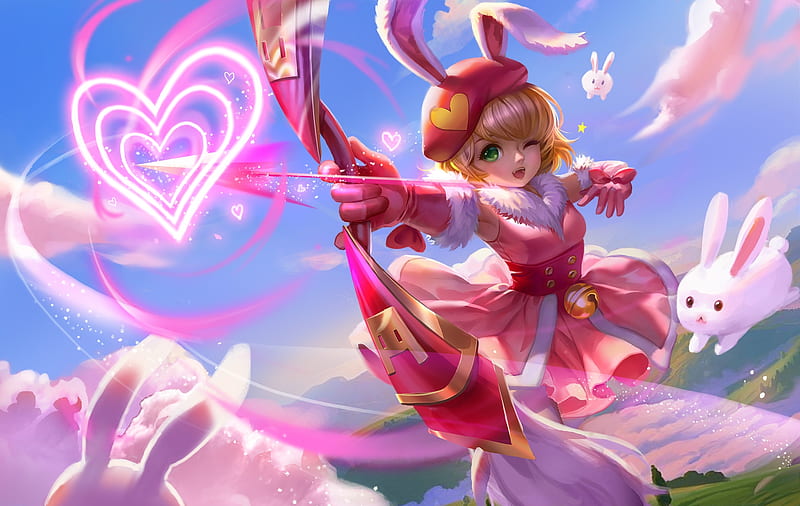 Fantasy girl, rabbit, luminos, game, valentine, xiong jiajie, arrow, cute, fantasy, girl, heart, bunny, archer, pink, blue, HD wallpaper