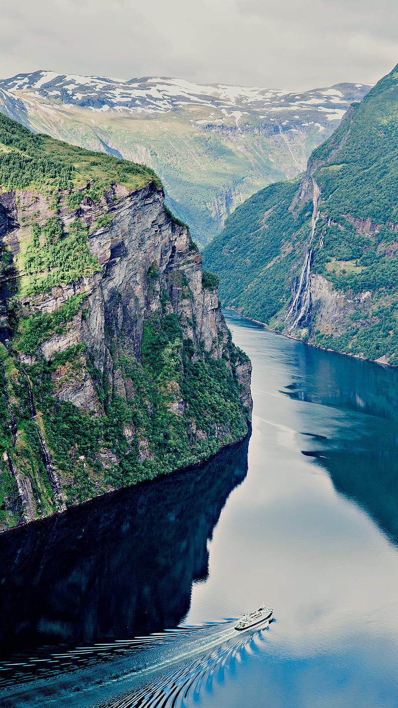 Dramatic Nature, boat, fjord, geiranger norway, scenery, sea, HD phone wallpaper