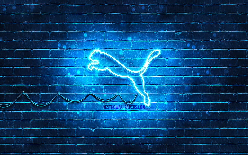 Puma blue logo blue brickwall, Puma logo, brands, Puma neon logo, Puma, HD wallpaper