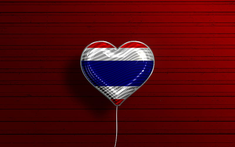 I Love Thailand realistic balloons, red wooden background, Asian countries, Thai flag heart, favorite countries, flag of Thailand, balloon with flag, Thai flag, Thailand, Love Thailand, HD wallpaper