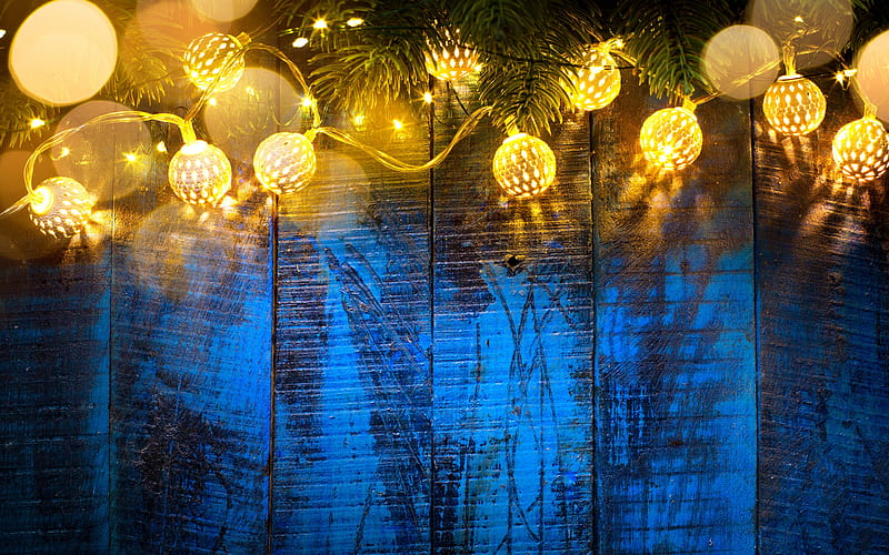 Blue Christmas background, garlands, lanterns, blue wooden boards, New Year, Christmas, Christmas tree, HD wallpaper