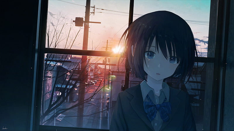 anime school girl, crying, tears, sunset, window, short hair, Anime, HD wallpaper
