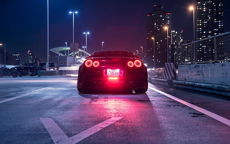 Nissan GT-R, R35, rear view, night, japan, Tokyo, tuning GT-R, Japanese sports cars, HD wallpaper