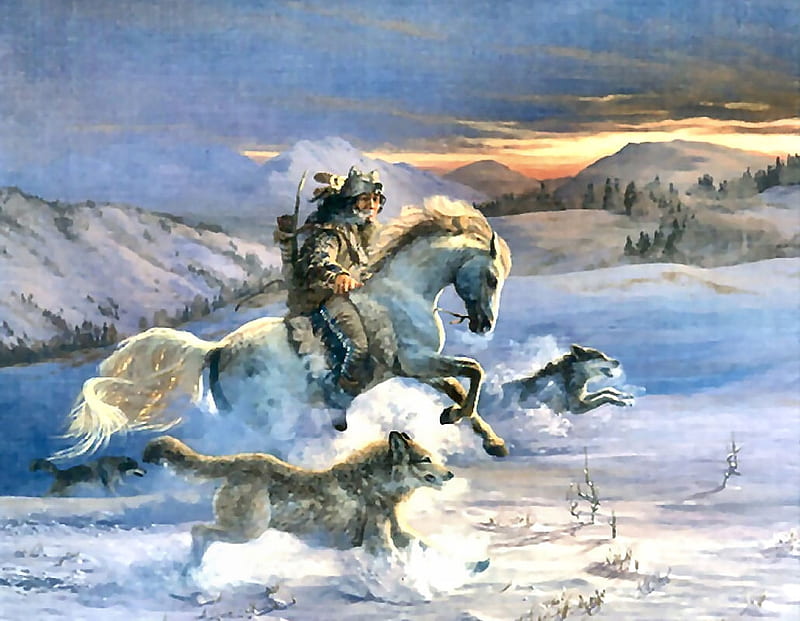 Brothers F, Old West, art, bonito, illustration, artwork, winter, snow, painting, Native American, wolves, HD wallpaper