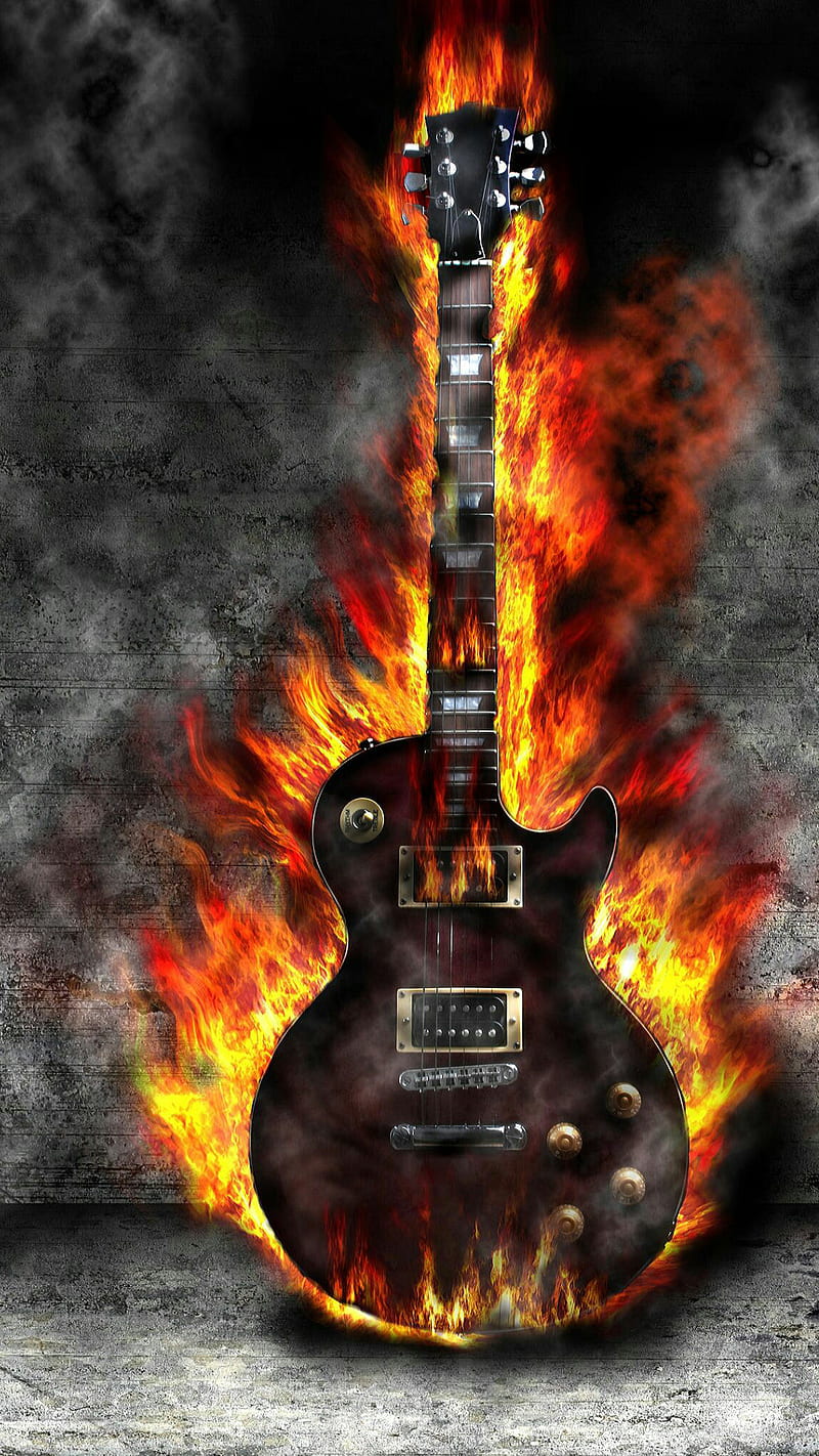 burning guitar, burn, electric, fire, instrument, music, wall, HD phone wallpaper
