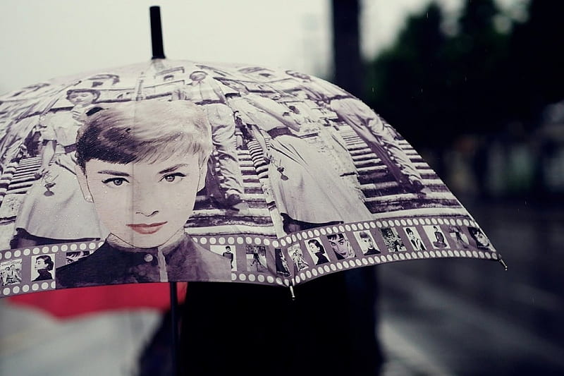 Umbrella - Audrey Hepburn, actress, umbrella, rain, Audrey Hepburn, star, HD wallpaper