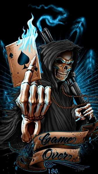 GAME OVER, king, cards, queen, skull, wow, clans, cool, death, dark, reaper, HD phone wallpaper