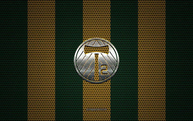 Portland Timbers 2 logo, American soccer club, metal emblem, yellow-green metal mesh background, Portland Timbers 2, USL, Portland, Oregon, USA, soccer, HD wallpaper