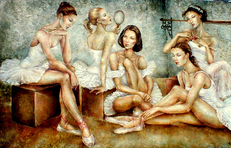 Primping, white tutus, posing, painting, mirror, ballerinas, HD wallpaper