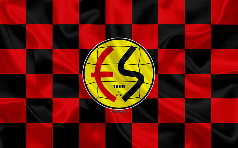 Eskisehirspor logo, creative art, red black checkered flag, Turkish Football club, Turkish 1 Lig, emblem, silk texture, Eskisehir, Turkey, football, HD wallpaper