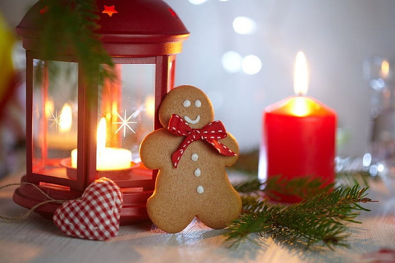 Merry Christmas, red, candle, holidays, lantern, christmas, sweet, cute, cookies, graphy, gingerbread, heart, HD wallpaper