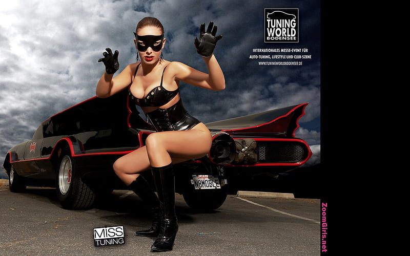 Daniela Grimm and Batmobile show, fantasy, costume, model, car, HD wallpaper