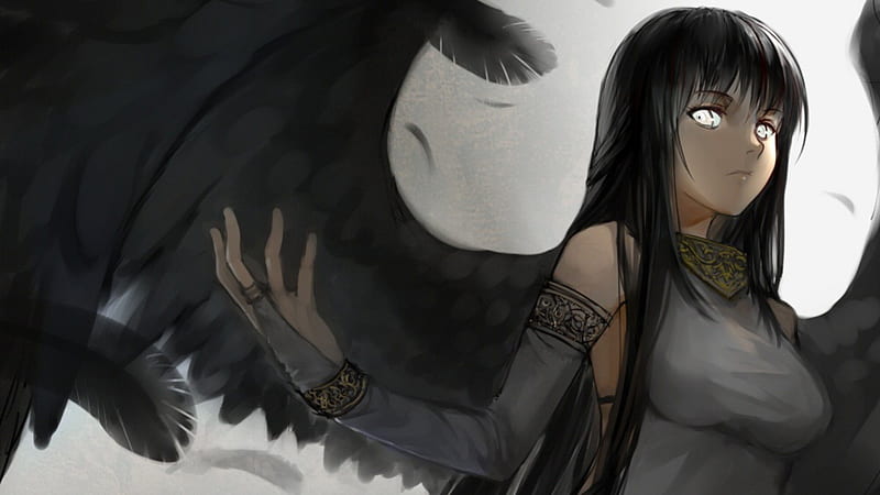 Anime character with curly black hair, golden wings, and silver eyes