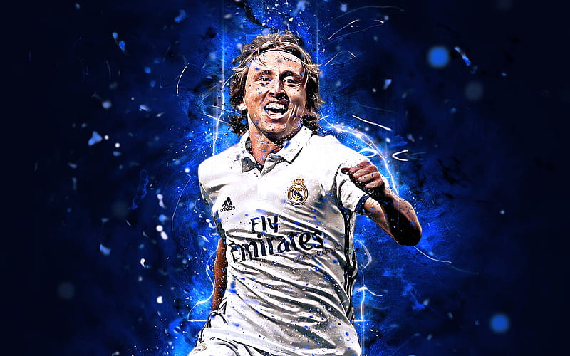 Luka Modric, Golden Ball 2018, croatian footballers, Real Madrid FC, soccer, Modric, neon lights, Golden Ball Winner 2018, La Liga, football, Galacticos, HD wallpaper
