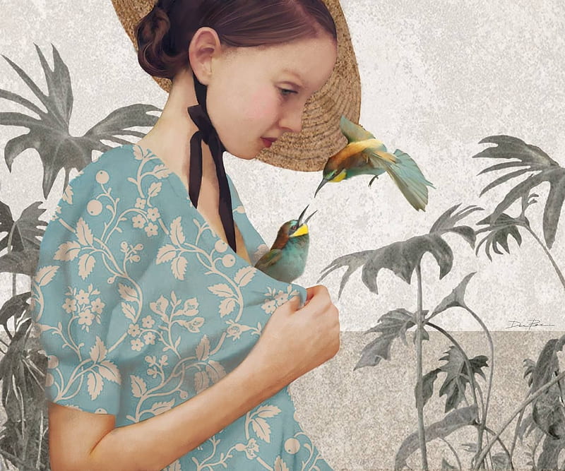 Birds by Daria Petrilli, art, fantasy, girl, bird, bee eater, daria petrilli, surreal, blue, pasari, HD wallpaper