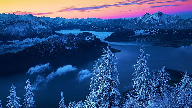 Lake Lucerne, Switzerland, snow, trees, landscape, colors, sky, mountains, sunset, winter, rocks, water, HD wallpaper