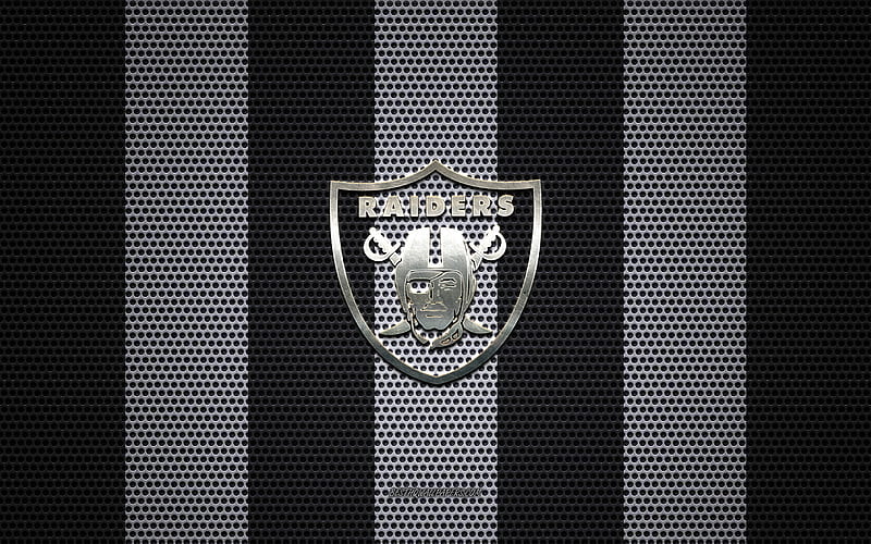 Oakland Raiders logo, American football club, metal emblem, black white metal mesh background, Oakland Raiders, NFL, Las Vegas, Nevada, USA, american football, HD wallpaper