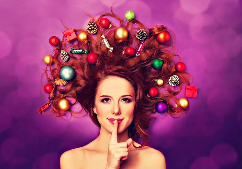 Shhh, red, craciun, model, sweets, christmas, redhead, woman, ball, girl, purple, pink, HD wallpaper