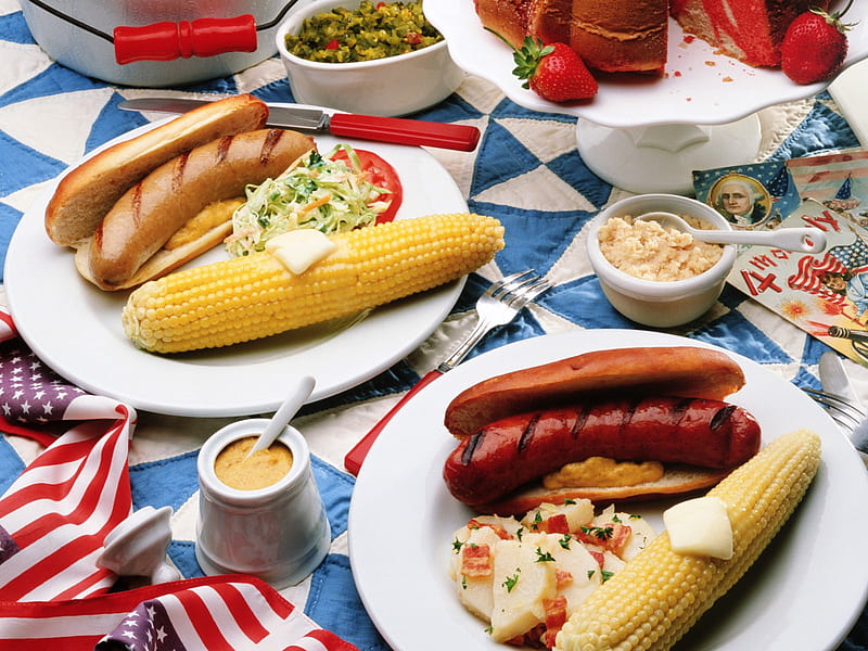 Hot Dog Heaven, cake, corn, buns, cutlery, plates, mustard, flag, roll, butter, usa, potato, franks, strawberries, america, coleslaw, salad, HD wallpaper