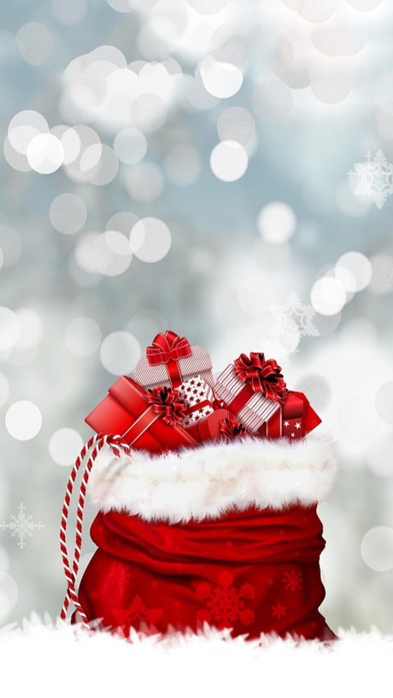 Christmas gifts, santa claus, bag, red, new year, snow, magic, christ, HD phone wallpaper