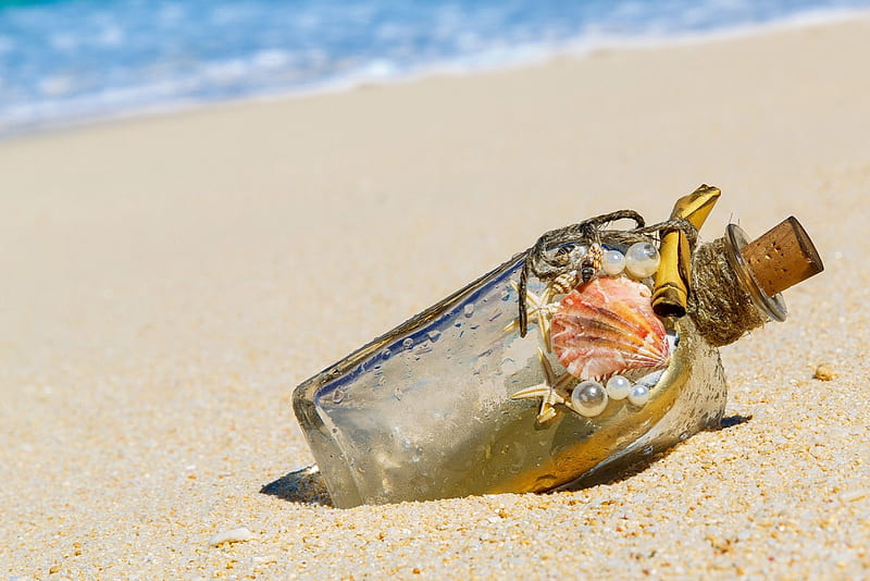 Message in a Bottle, sea shells, bottle, ocean, cork, waves, rope, beach, message, sand, pearls, HD wallpaper
