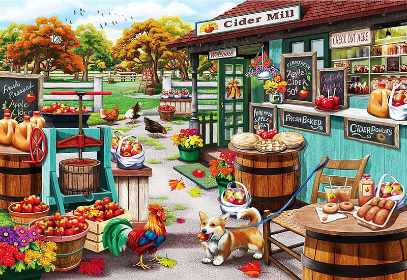 Visiting The Cider Mill, rooster, dog, donuts, shop, apples, painting, trees, HD wallpaper