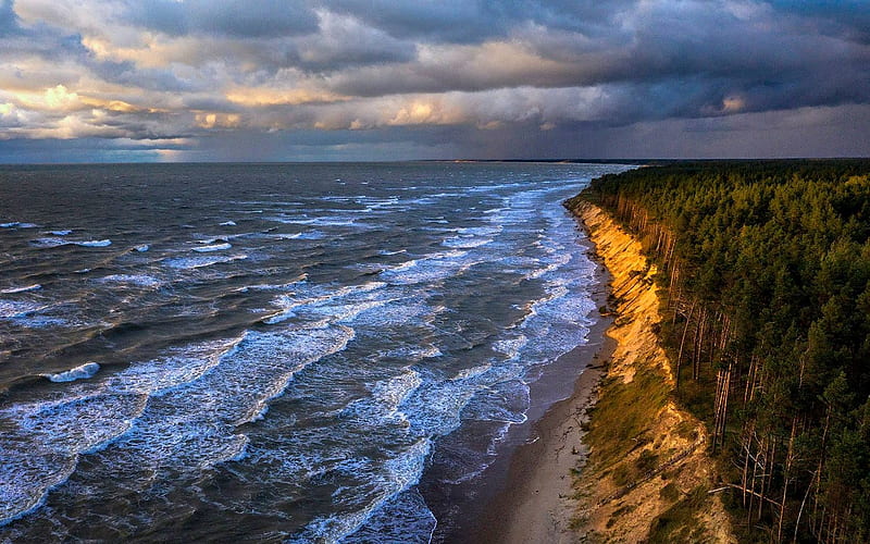 Latvian Coast, clouds, coast, sea, forest, Latvia, waves, HD wallpaper