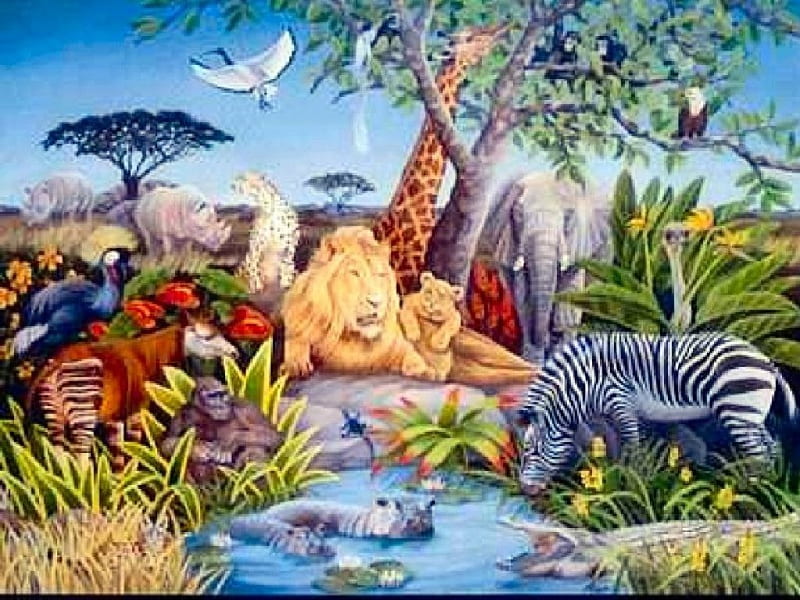 Peaceful Kingdom, painting, jungle, fantasy, animals, HD wallpaper
