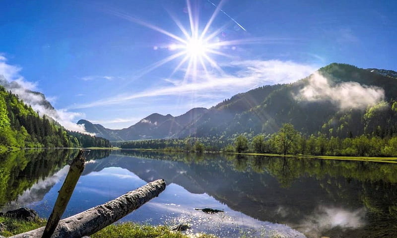 Sun Over The Lake, forest, sun, shadow, sky, clouds, lake, mountain, nature, reflection, wood, blue, HD wallpaper