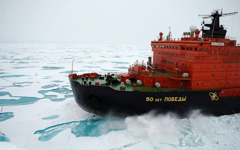 Russian Icebreaker Victory, Orange, Buck, Ice, Icebreaker, Superstructure, Sea, Hull, Russia, 50 years of Victory icebreaker Class Arctic, Nose Bridge, HD wallpaper
