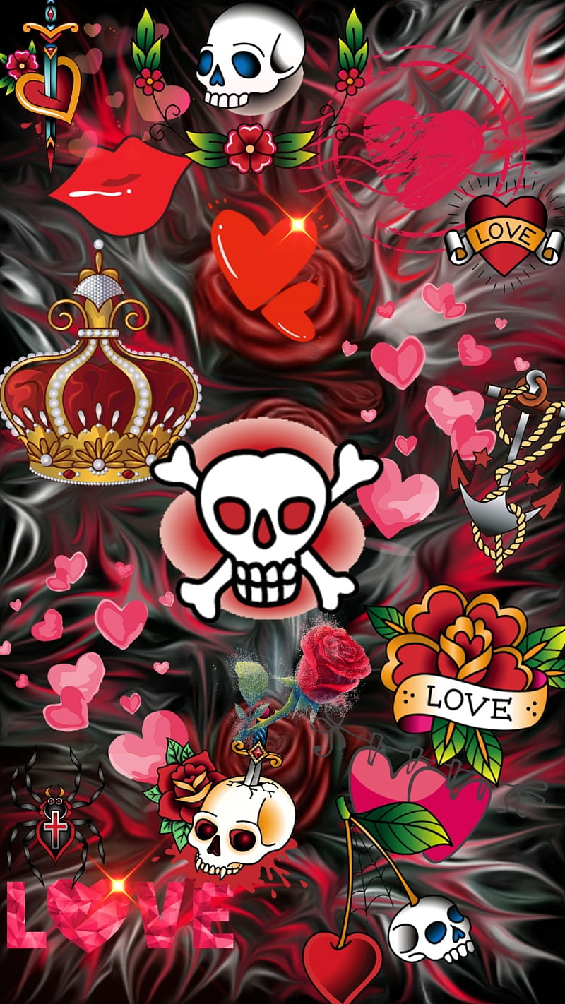 Dynamite, crown, corazones, love, red, roses, skull, sugar, HD phone wallpaper